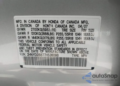 2007 Acura Mdx Sport Package z USA, uszkodzony, nr VIN 2HNYD28877H536098